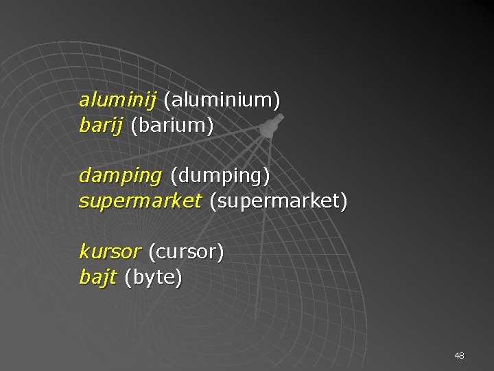 aluminij (aluminium) barij (barium) damping (dumping) supermarket (supermarket) kursor (cursor) bajt (byte) 48 