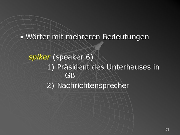  • Wörter mit mehreren Bedeutungen spiker (speaker 6) 1) Präsident des Unterhauses in