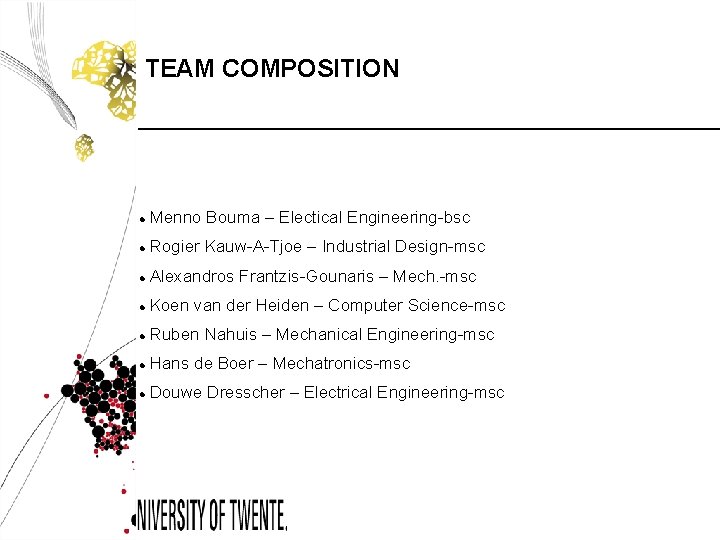 TEAM COMPOSITION Menno Bouma – Electical Engineering-bsc Rogier Kauw-A-Tjoe – Industrial Design-msc Alexandros Frantzis-Gounaris