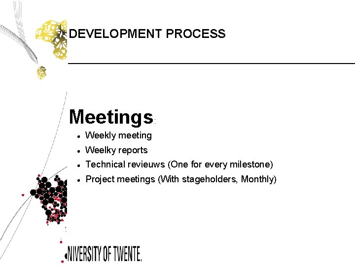 DEVELOPMENT PROCESS Meetings: Weekly meeting Weelky reports Technical revieuws (One for every milestone) Project