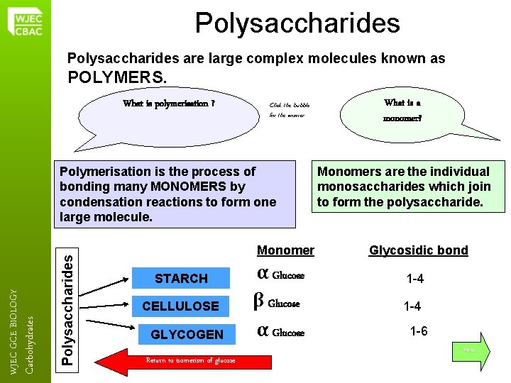 Polysaccharides are large complex molecules known as POLYMERS. What is polymerisation ? Click the