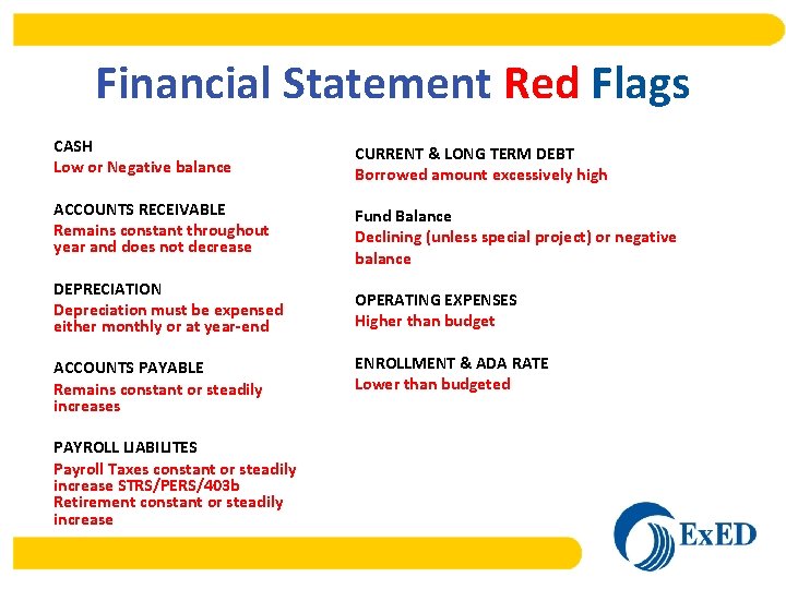 Financial Statement Red Flags CASH Low or Negative balance CURRENT & LONG TERM DEBT