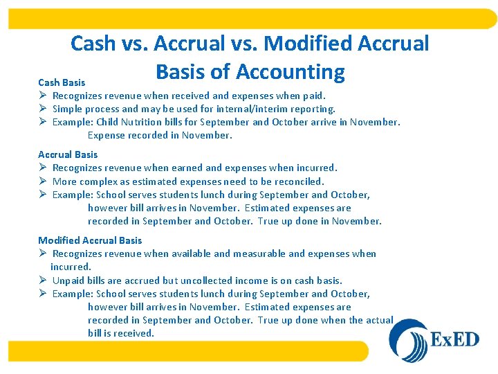 Cash vs. Accrual vs. Modified Accrual Basis of Accounting Cash Basis Ø Recognizes revenue