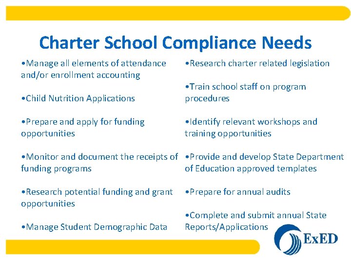 Charter School Compliance Needs • Manage all elements of attendance and/or enrollment accounting •