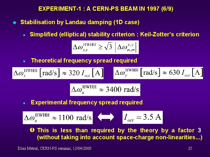 EXPERIMENT-1 : A CERN-PS BEAM IN 1997 (6/9) u Stabilisation by Landau damping (1