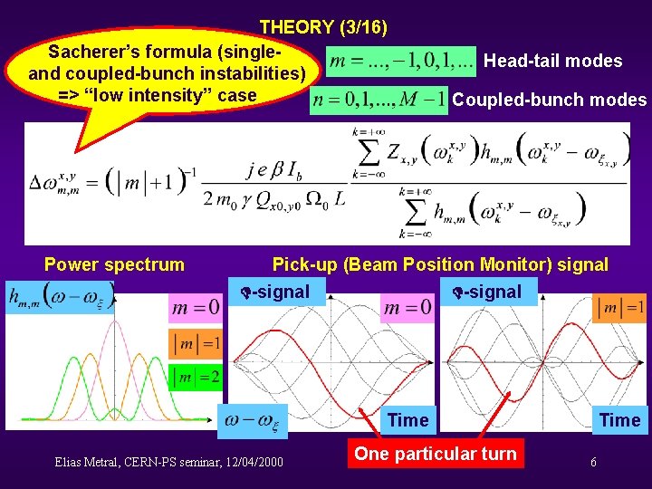 THEORY (3/16) Sacherer’s formula (singleand coupled-bunch instabilities) => “low intensity” case Power spectrum Head-tail