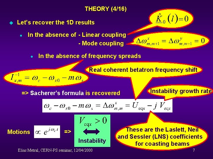 THEORY (4/16) u Let’s recover the 1 D results n In the absence of