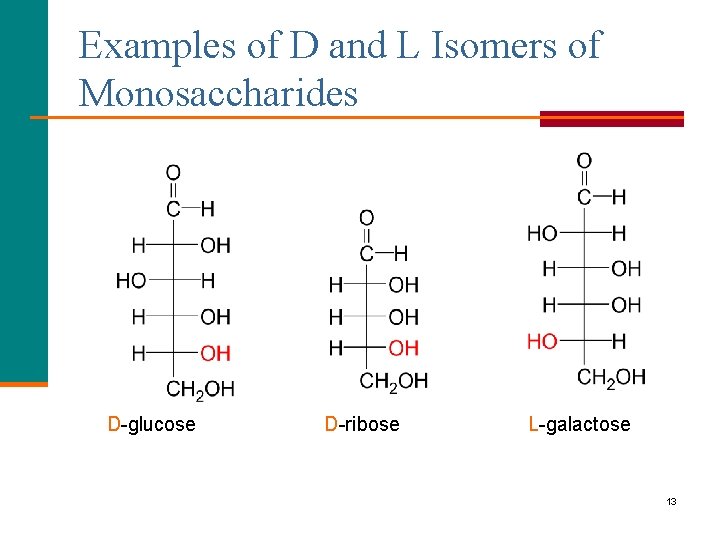 Examples of D and L Isomers of Monosaccharides D-glucose D-ribose L-galactose 13 