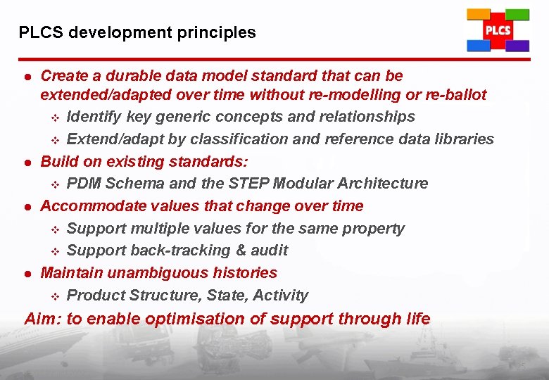 PLCS development principles l l Create a durable data model standard that can be