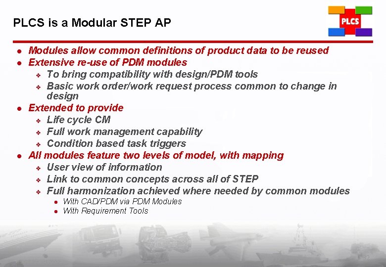 PLCS is a Modular STEP AP l l Modules allow common definitions of product