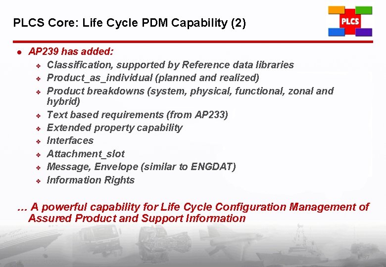 PLCS Core: Life Cycle PDM Capability (2) l AP 239 has added: v Classification,