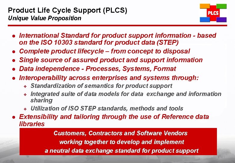 Product Life Cycle Support (PLCS) Unique Value Proposition l l l International Standard for
