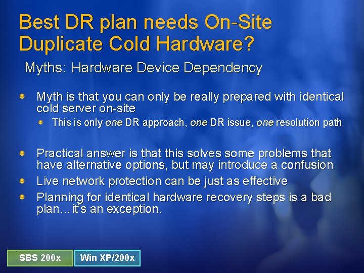 Best DR plan needs On-Site Duplicate Cold Hardware? Myths: Hardware Device Dependency Myth is