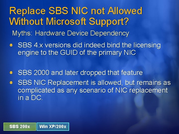 Replace SBS NIC not Allowed Without Microsoft Support? Myths: Hardware Device Dependency SBS 4.