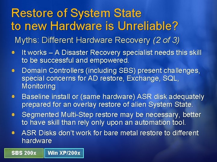 Restore of System State to new Hardware is Unreliable? Myths: Different Hardware Recovery (2