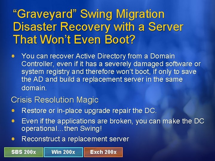 “Graveyard” Swing Migration Disaster Recovery with a Server That Won’t Even Boot? You can