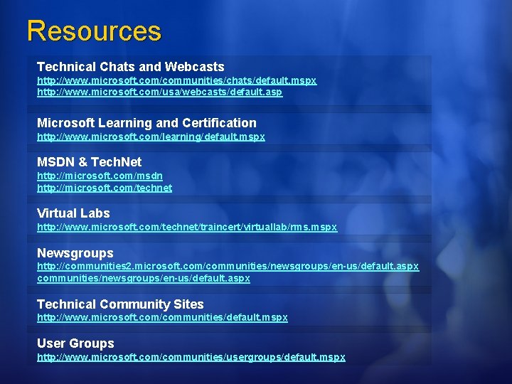 Resources Technical Chats and Webcasts http: //www. microsoft. com/communities/chats/default. mspx http: //www. microsoft. com/usa/webcasts/default.