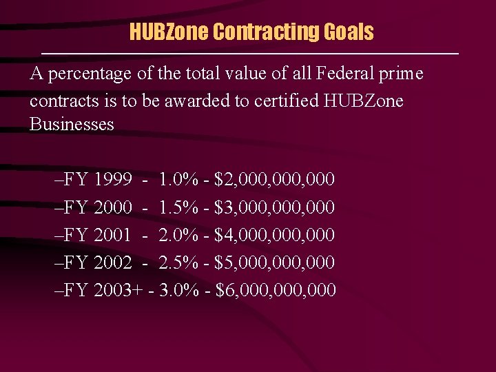 HUBZone Contracting Goals A percentage of the total value of all Federal prime contracts