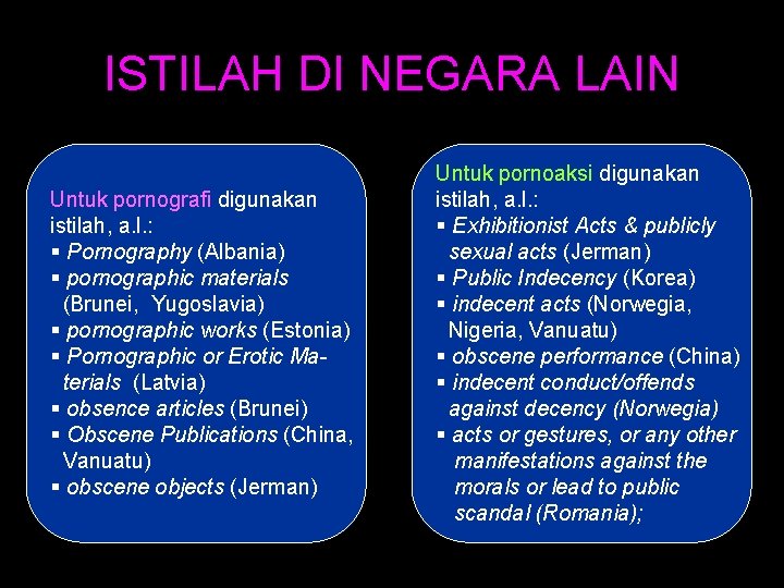 ISTILAH DI NEGARA LAIN Untuk pornografi digunakan istilah, a. l. : § Pornography (Albania)