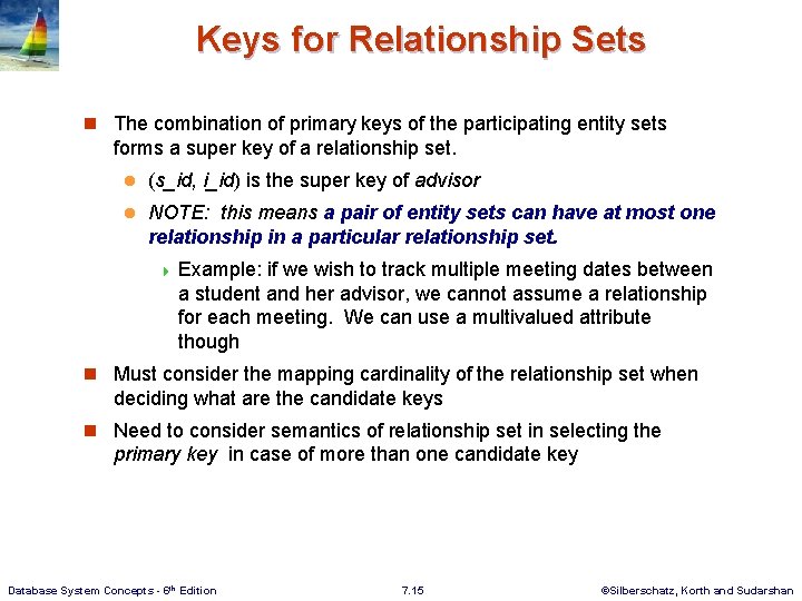 Keys for Relationship Sets n The combination of primary keys of the participating entity