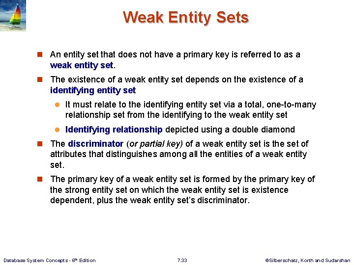Weak Entity Sets n An entity set that does not have a primary key