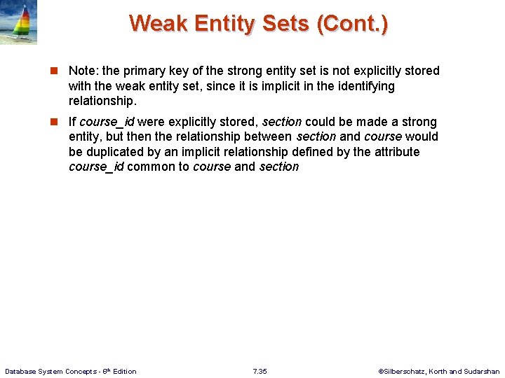 Weak Entity Sets (Cont. ) n Note: the primary key of the strong entity
