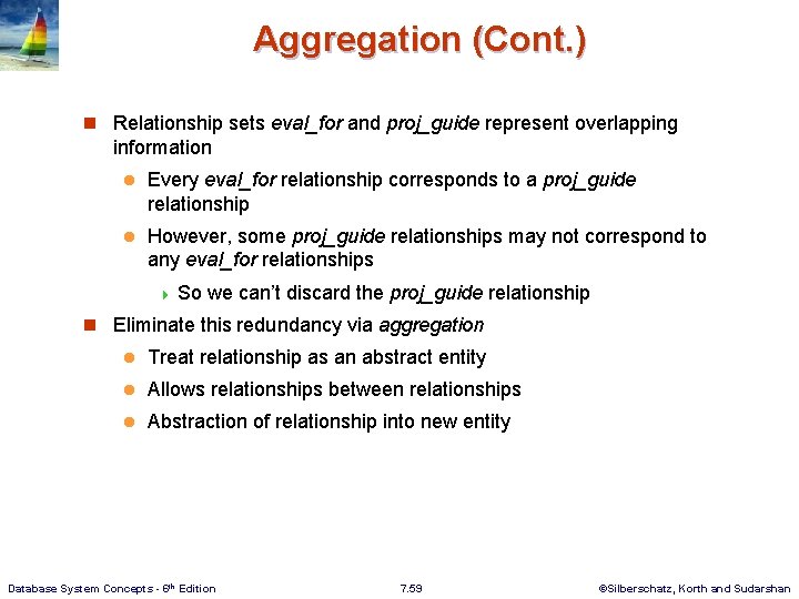 Aggregation (Cont. ) n Relationship sets eval_for and proj_guide represent overlapping information l Every