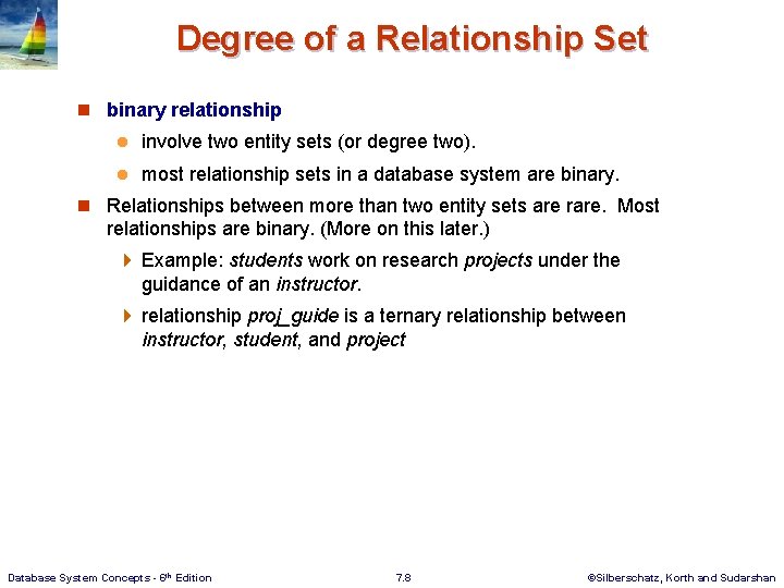 Degree of a Relationship Set n binary relationship l involve two entity sets (or