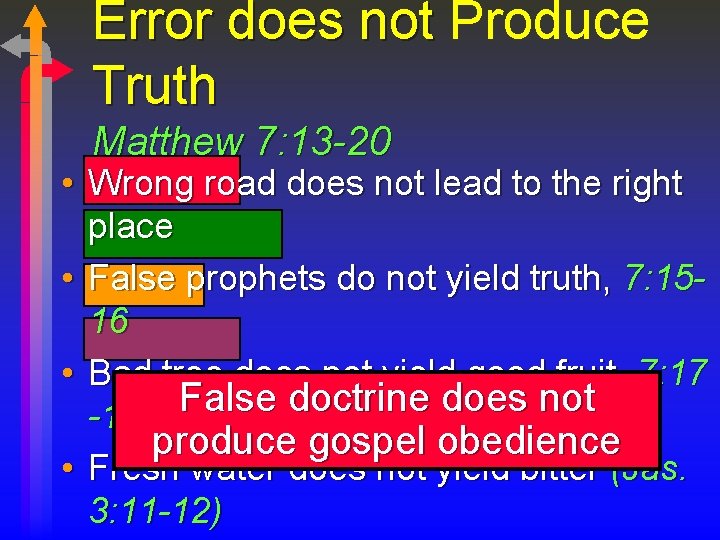 Error does not Produce Truth Matthew 7: 13 -20 • Wrong road does not