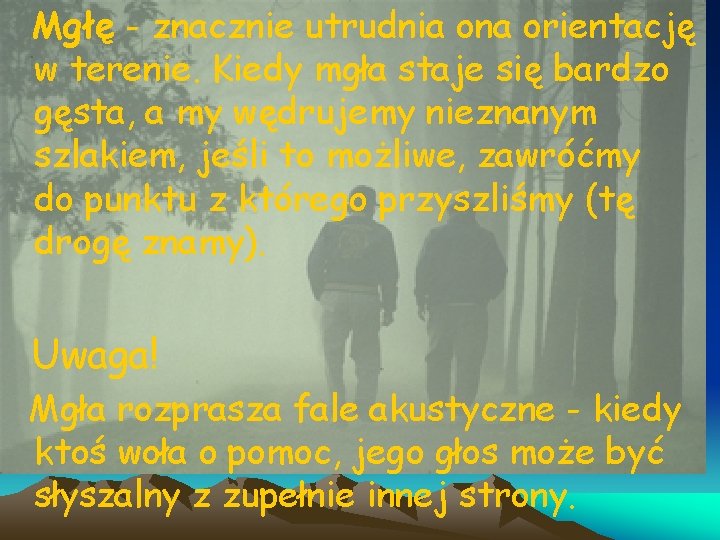 Mgłę - znacznie utrudnia ona orientację w terenie. Kiedy mgła staje się bardzo gęsta,