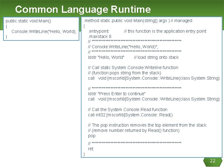 Common Language Runtime public static void Main() { Console. Write. Line("Hello, World); } .