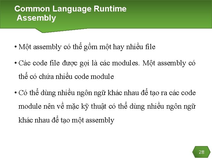 Common Language Runtime Assembly • Một assembly có thể gồm một hay nhiều file