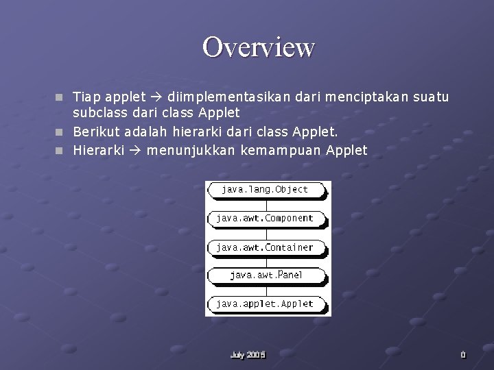 Overview n Tiap applet diimplementasikan dari menciptakan suatu subclass dari class Applet n Berikut