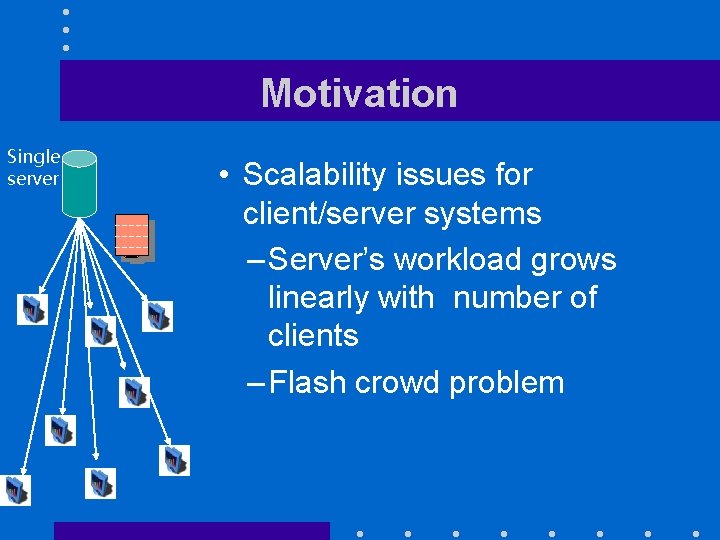 Motivation Single server • Scalability issues for client/server systems – Server’s workload grows linearly