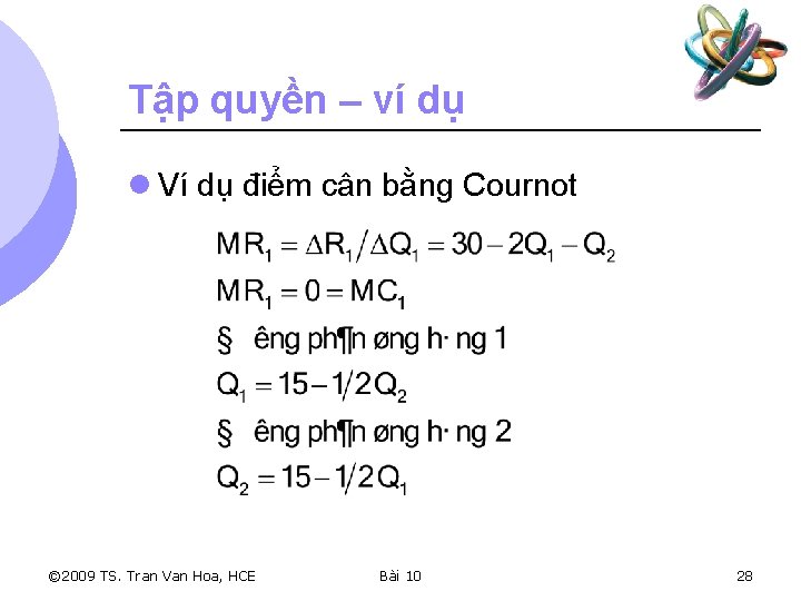 Tập quyền – ví dụ l Ví dụ điểm cân bằng Cournot © 2009