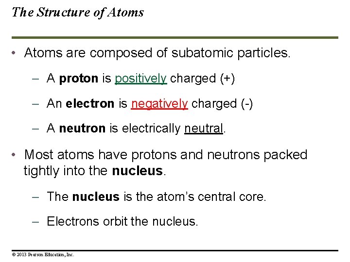 The Structure of Atoms • Atoms are composed of subatomic particles. – A proton