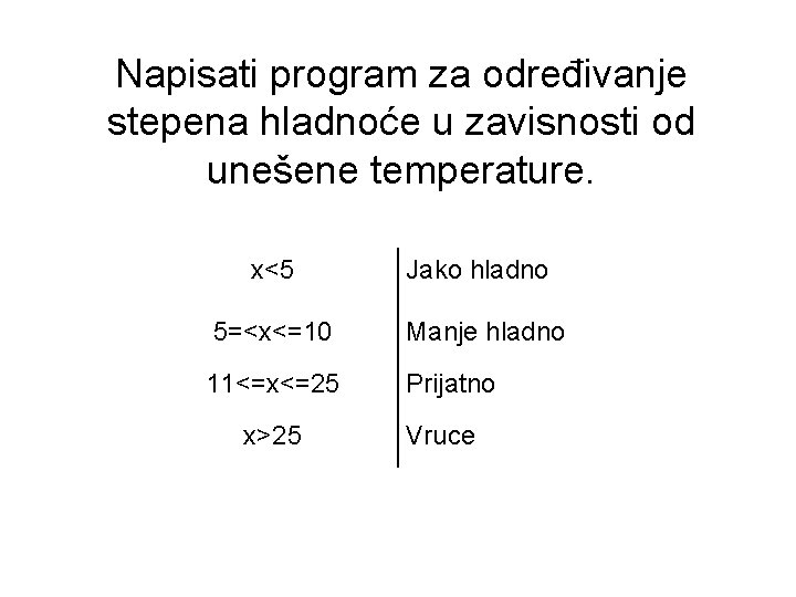 Napisati program za određivanje stepena hladnoće u zavisnosti od unešene temperature. x<5 Jako hladno