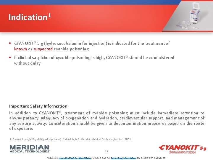 Indication 1 • CYANOKIT® 5 g (hydroxocobalamin for injection) is indicated for the treatment