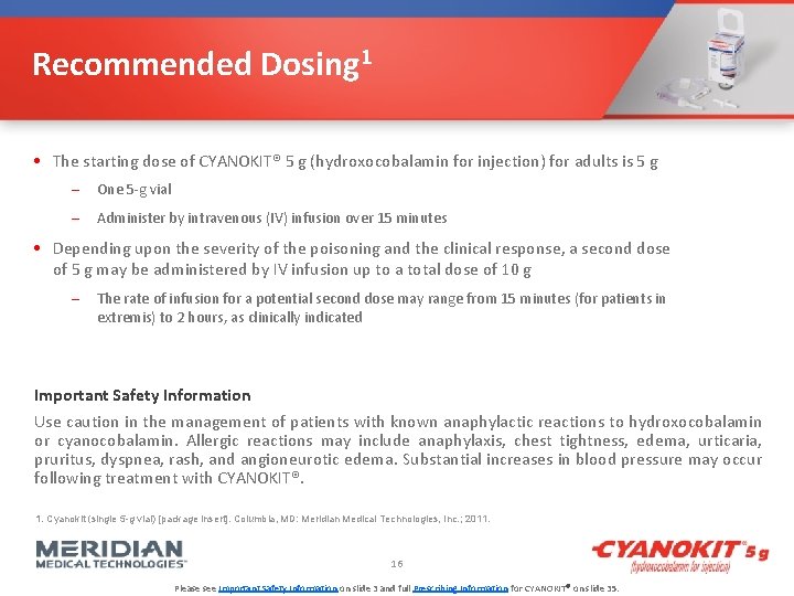 Recommended Dosing 1 • The starting dose of CYANOKIT® 5 g (hydroxocobalamin for injection)