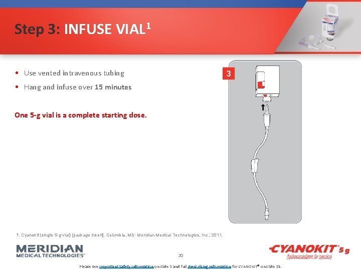 Step 3: INFUSE VIAL 1 • Use vented intravenous tubing • Hang and infuse