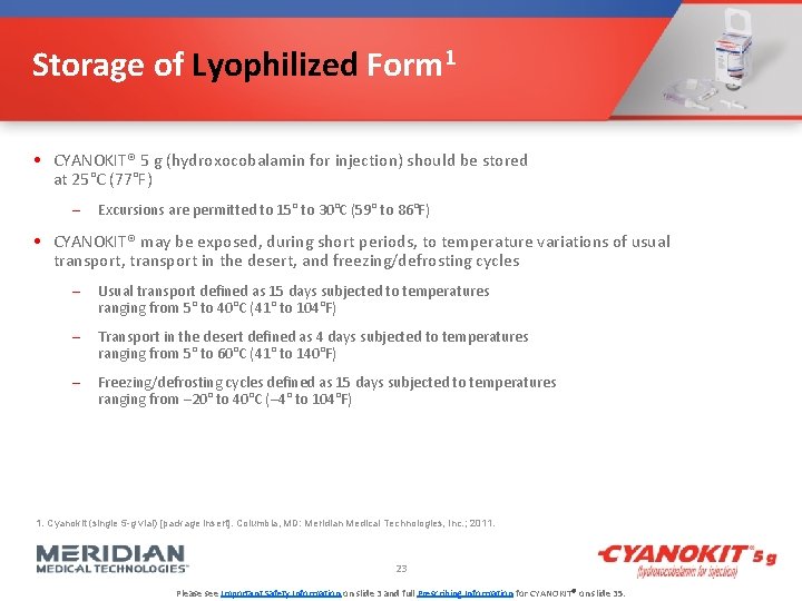 Storage of Lyophilized Form 1 • CYANOKIT® 5 g (hydroxocobalamin for injection) should be