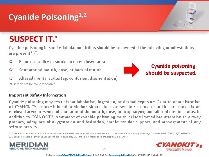 Cyanide Poisoning 1, 2 SUSPECT IT. * Cyanide poisoning in smoke-inhalation victims should be