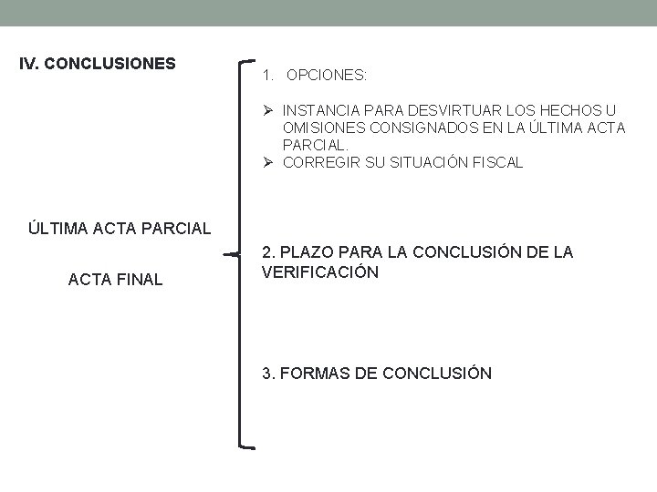 IV. CONCLUSIONES 1. OPCIONES: Ø INSTANCIA PARA DESVIRTUAR LOS HECHOS U OMISIONES CONSIGNADOS EN