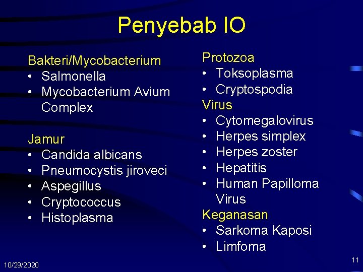 Penyebab IO Bakteri/Mycobacterium • Salmonella • Mycobacterium Avium Complex Jamur • Candida albicans •