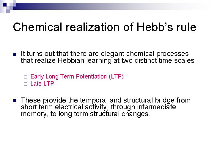 Chemical realization of Hebb’s rule n It turns out that there are elegant chemical