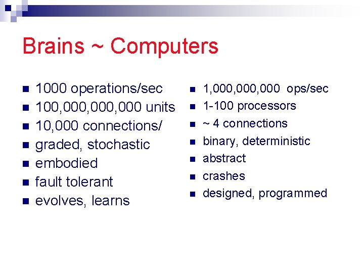 Brains ~ Computers n n n n 1000 operations/sec 100, 000, 000 units 10,