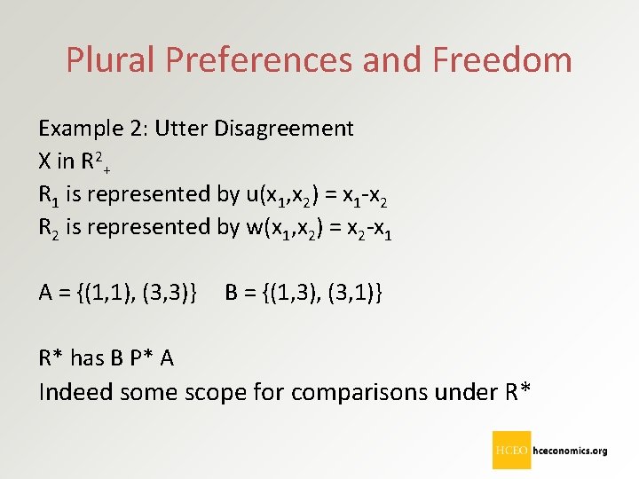 Plural Preferences and Freedom Example 2: Utter Disagreement X in R 2+ R 1