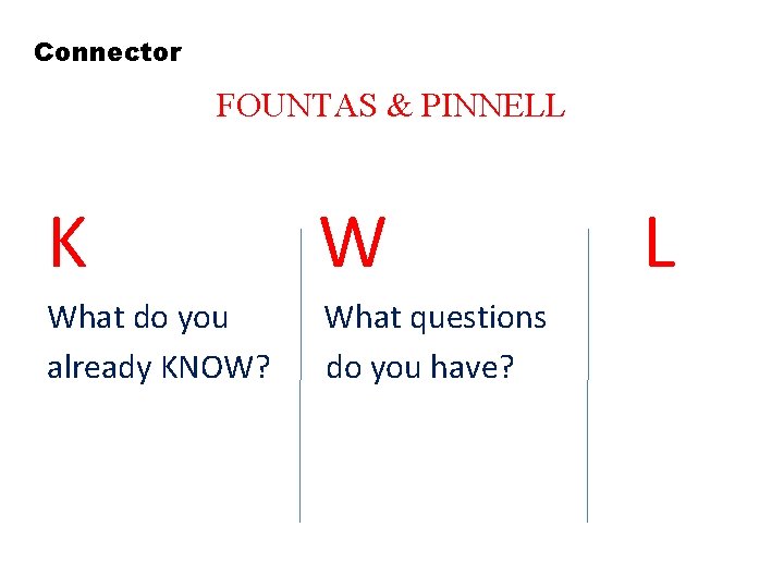 Connector FOUNTAS & PINNELL K W What do you already KNOW? What questions do