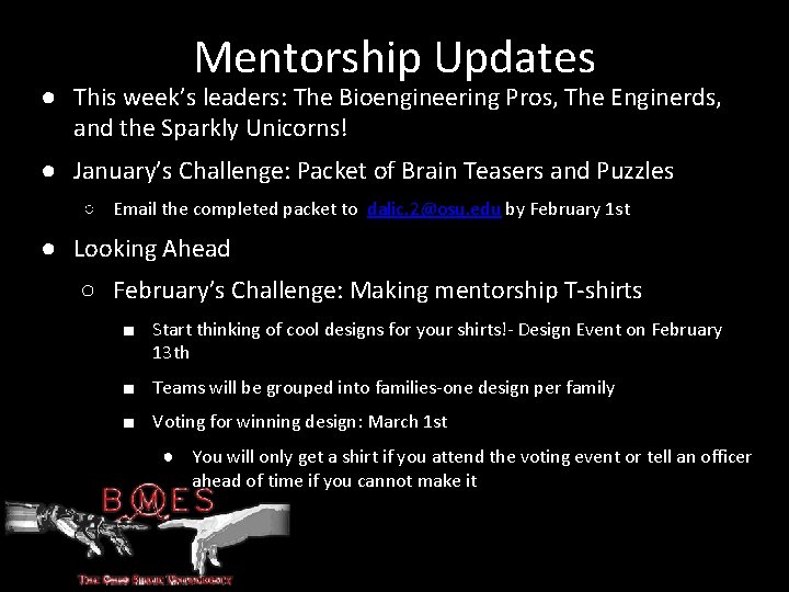 Mentorship Updates ● This week’s leaders: The Bioengineering Pros, The Enginerds, and the Sparkly