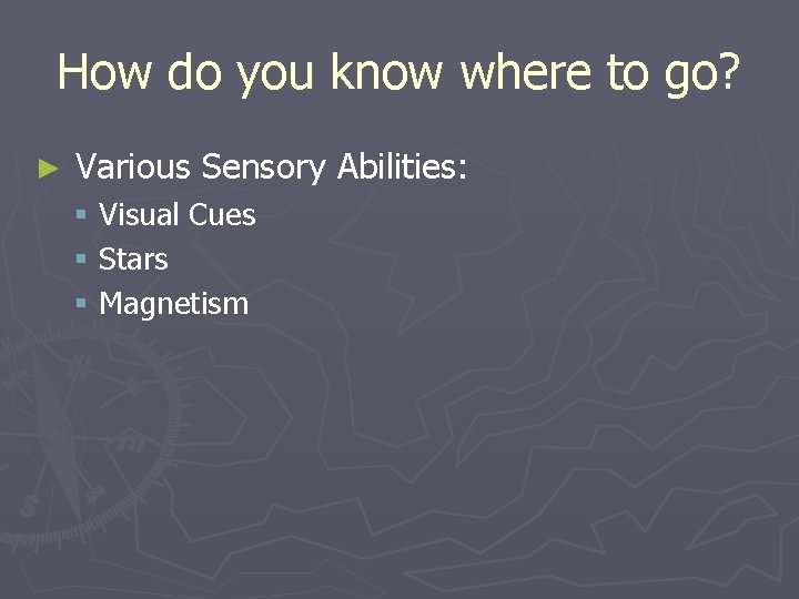 How do you know where to go? ► Various Sensory Abilities: § Visual Cues